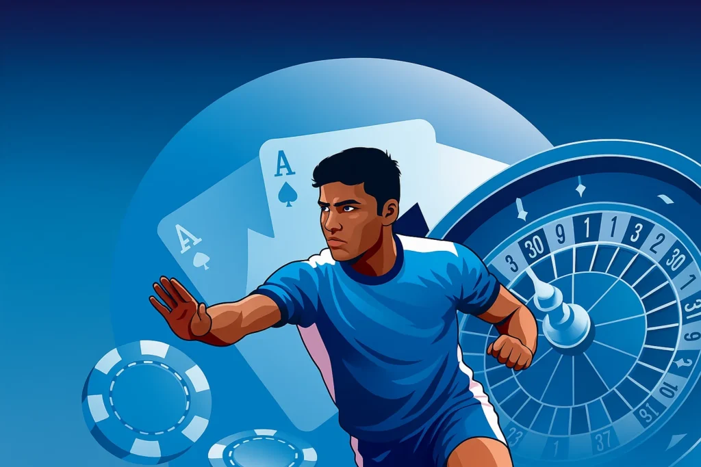 illustration of a dynamic athlete in a blue sports uniform with the number 7, surrounded by casino elements like playing cards with aces, poker chips, and a roulette wheel, set against a blue gradient background