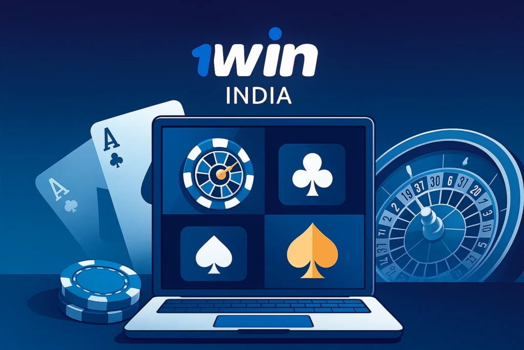 illustration of a laptop displaying the '1win India' logo with casino icons including playing cards, poker chips, and a roulette wheel, set against a blue background