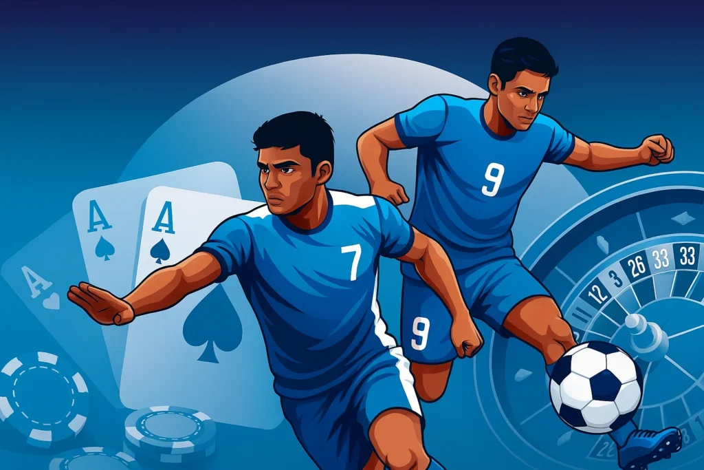 illustration of two athletes in blue sports uniforms with numbers 7 and 9, actively playing soccer, surrounded by casino elements like playing cards with aces, poker chips, and a roulette wheel, on a blue gradient background